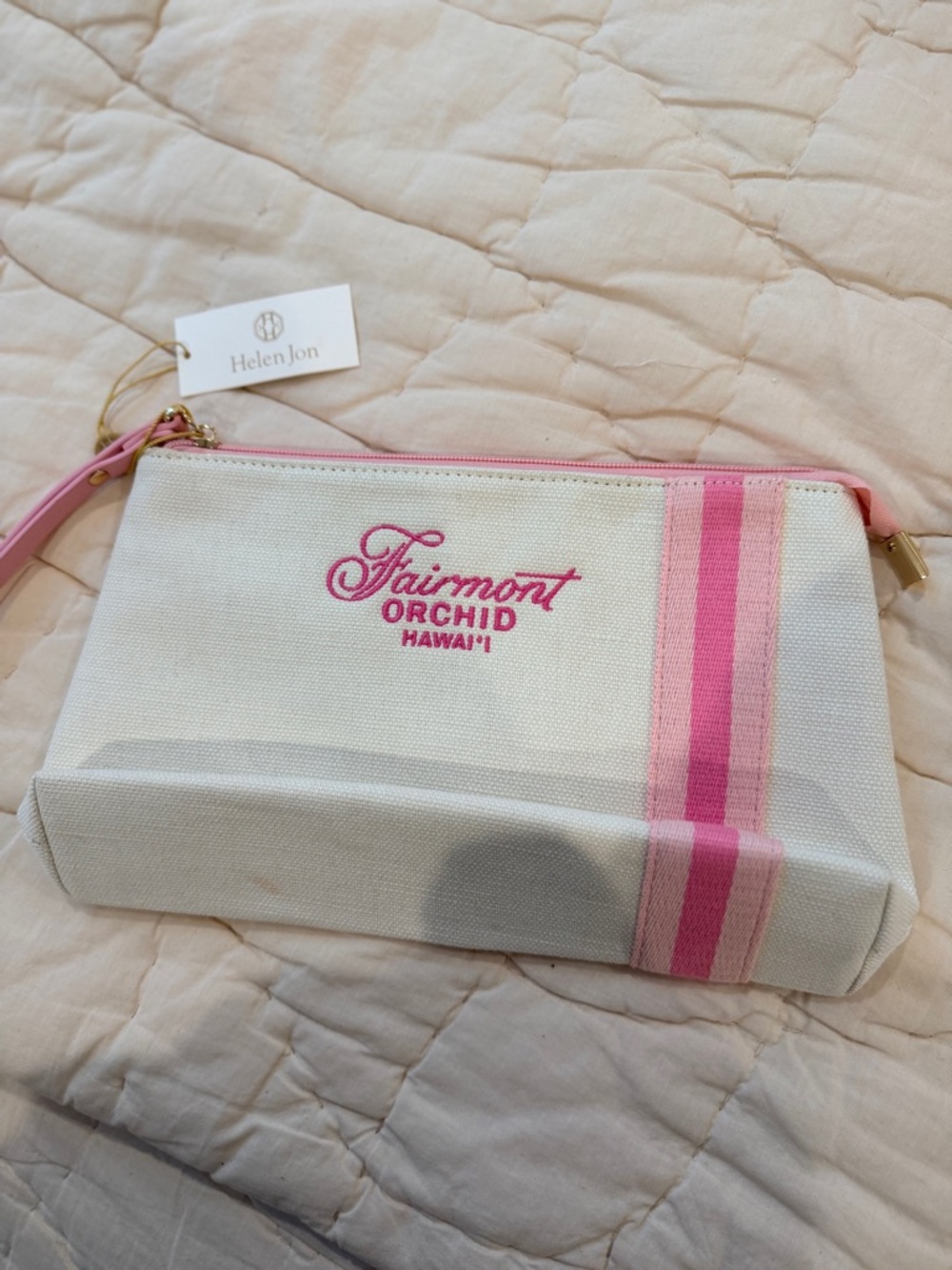 Helen Jon Cream Canvas Wristlet with Pink Stripe & Embroidery